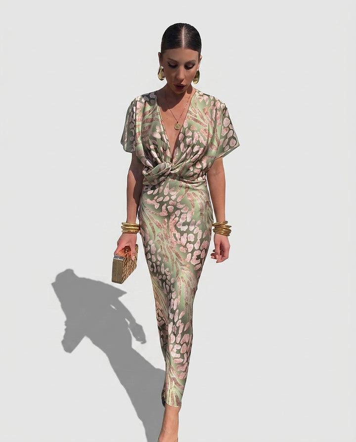Women’s Printed Twist-Knot Midi Dress - Front [Lystr 6a97f9043ac28cbfe0df01ec:front]