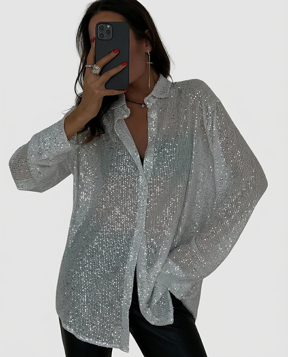 Women's Sequin Embellished Button-Down Shirt - Front [Lystr 6a97f9253ac28cbfe0df01f8:front]
