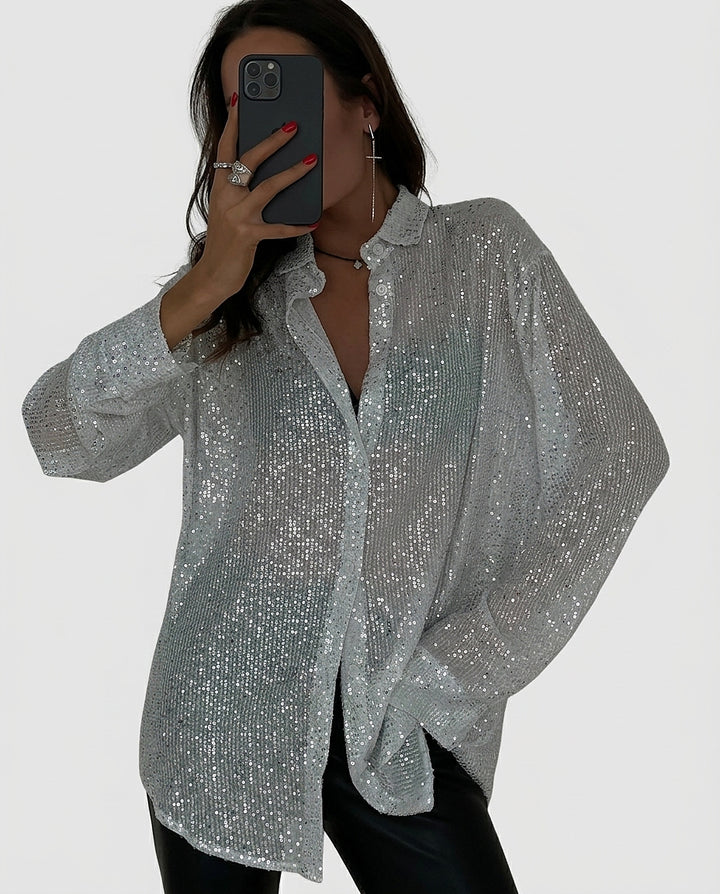 Women's Sequin Embellished Button-Down Shirt - Front [Lystr 6a97f9253ac28cbfe0df01f8:front]