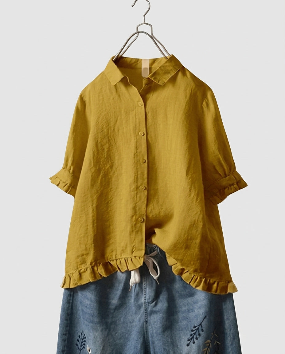 Women's Button-Down Ruffle Hem Blouse - Front [Lystr 6a97f9453ac28cbfe0df0202:front]