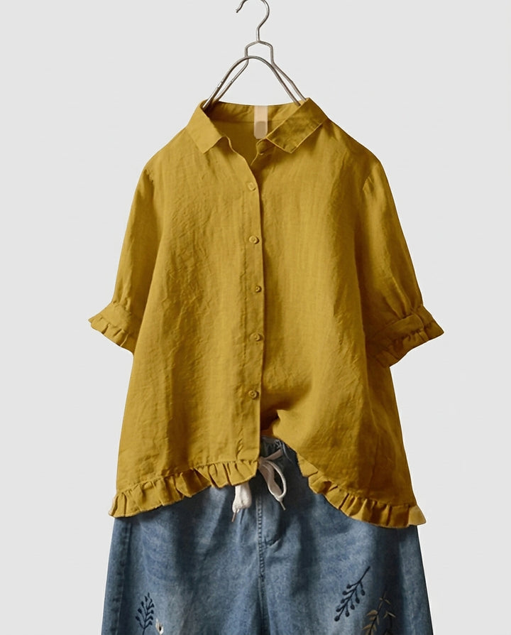Women's Button-Down Ruffle Hem Blouse - Front [Lystr 6a97f9453ac28cbfe0df0202:front]
