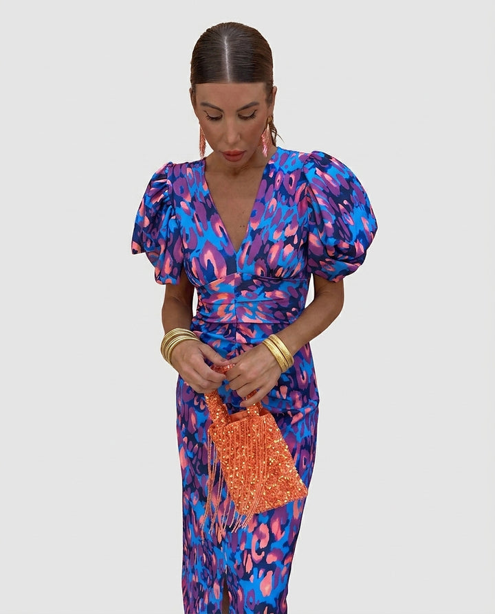 Women's Abstract Print Midi Dress with Puff Sleeves - Front [Lystr 6a9804453ac28cbfe0df021c:front]
