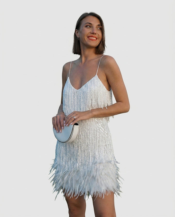 Women's Fringe and Feather Trim Mini Cocktail Dress - Front [Lystr 6a9804753ac28cbfe0df022b:front]