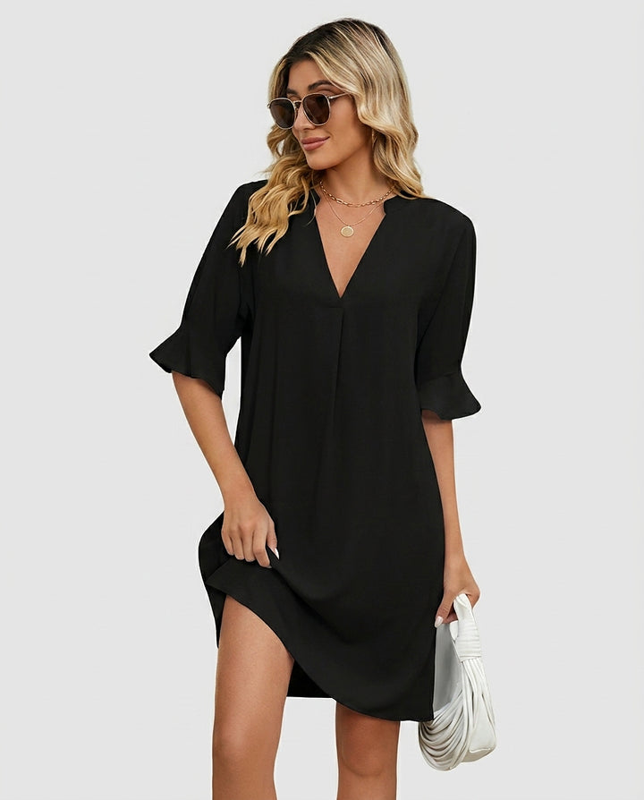 Women’s Mini Dress with Split V-Neckline and Ruffle Cuffs - Front [Lystr 6a99137057a749df7de41aaf:front]