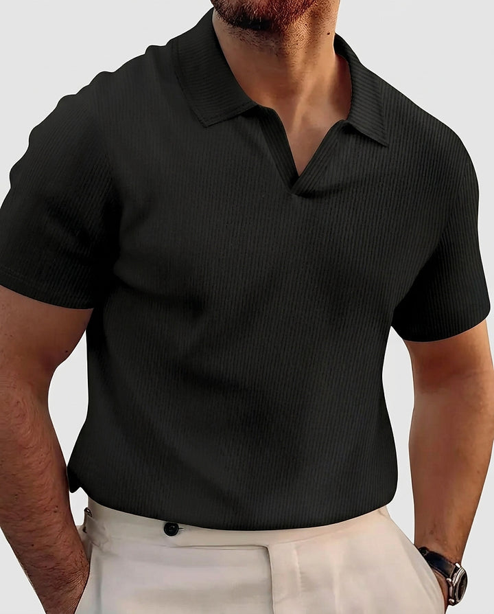 Men’s Ribbed Knit Polo Shirt with Open V-Neckline - Front [Lystr 6a99136957a749df7de41aac:front]