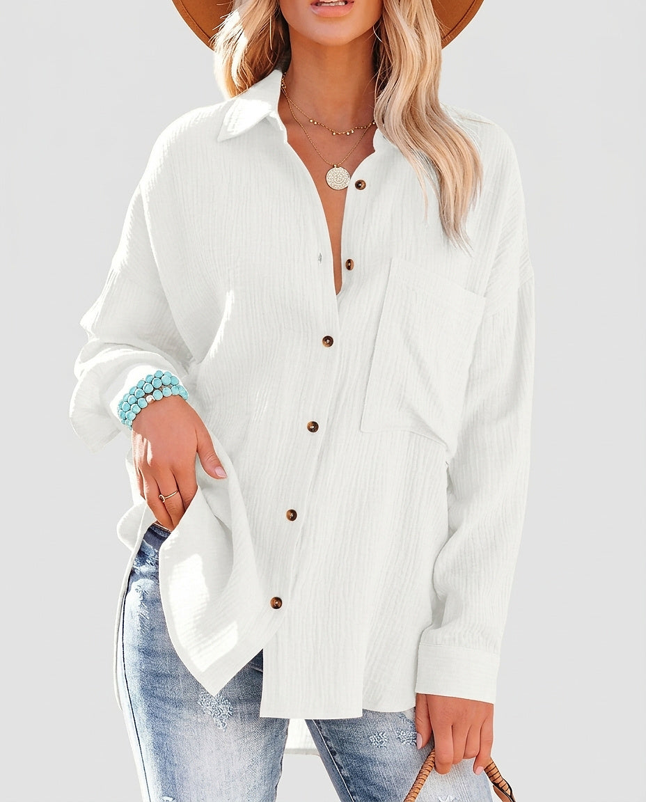 Women's Long-Sleeved Button-Down Blouse with Chest Pocket - Front [Lystr 6a991688fefb28823f931b86:front]