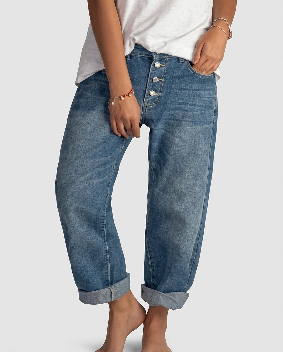 Women’s Button-Front Tapered Jeans - Front [Lystr 6a99169bfefb28823f931b8f:front]