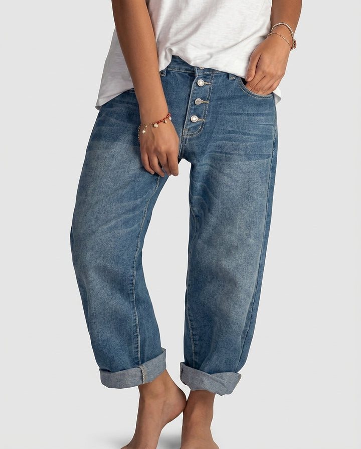 Women’s Button-Front Tapered Jeans - Front [Lystr 6a99169bfefb28823f931b8f:front]