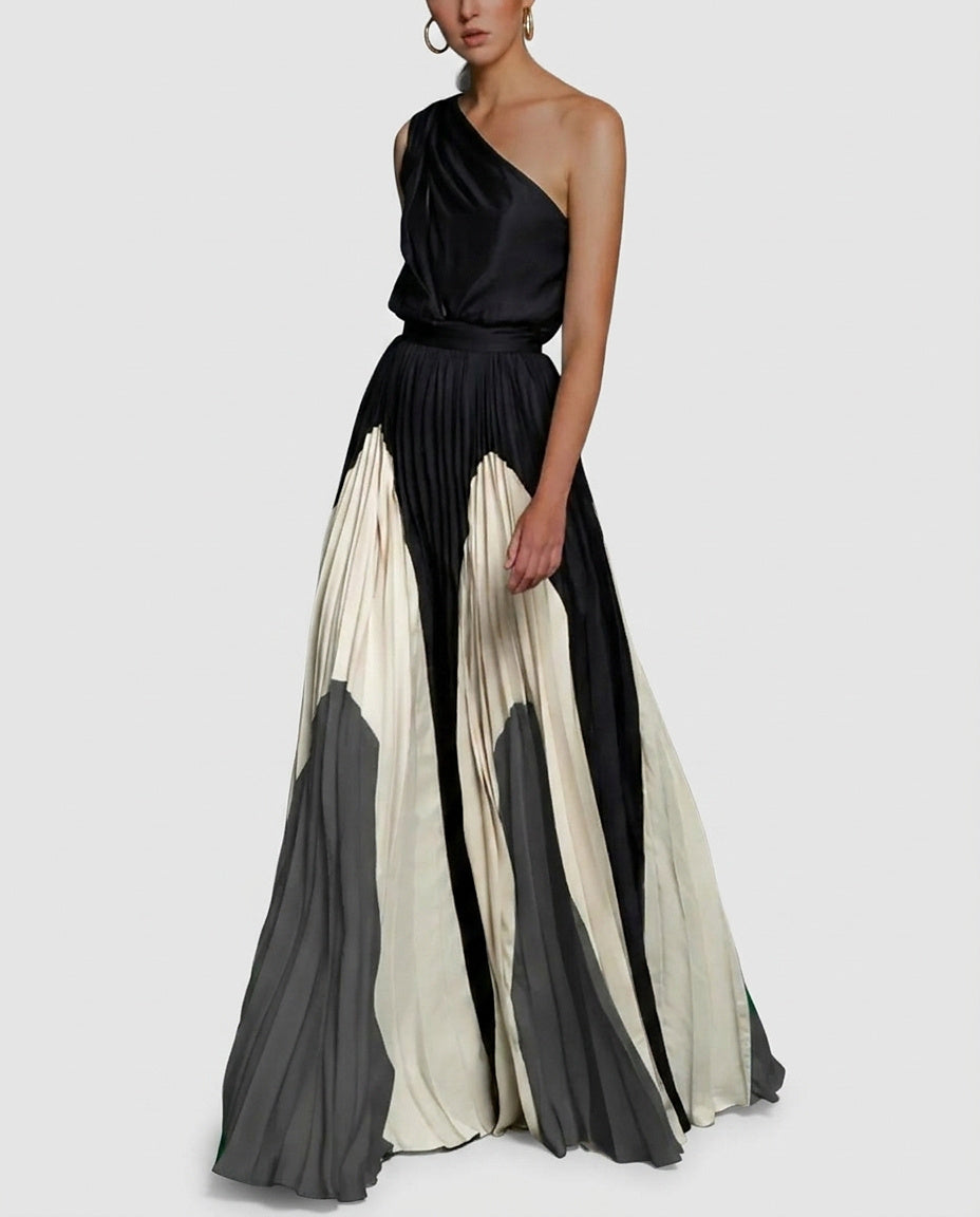 Women's One-Shoulder Color-Block Pleated Maxi Dress - Front [Lystr 6a9917defefb28823f931b9b:front]