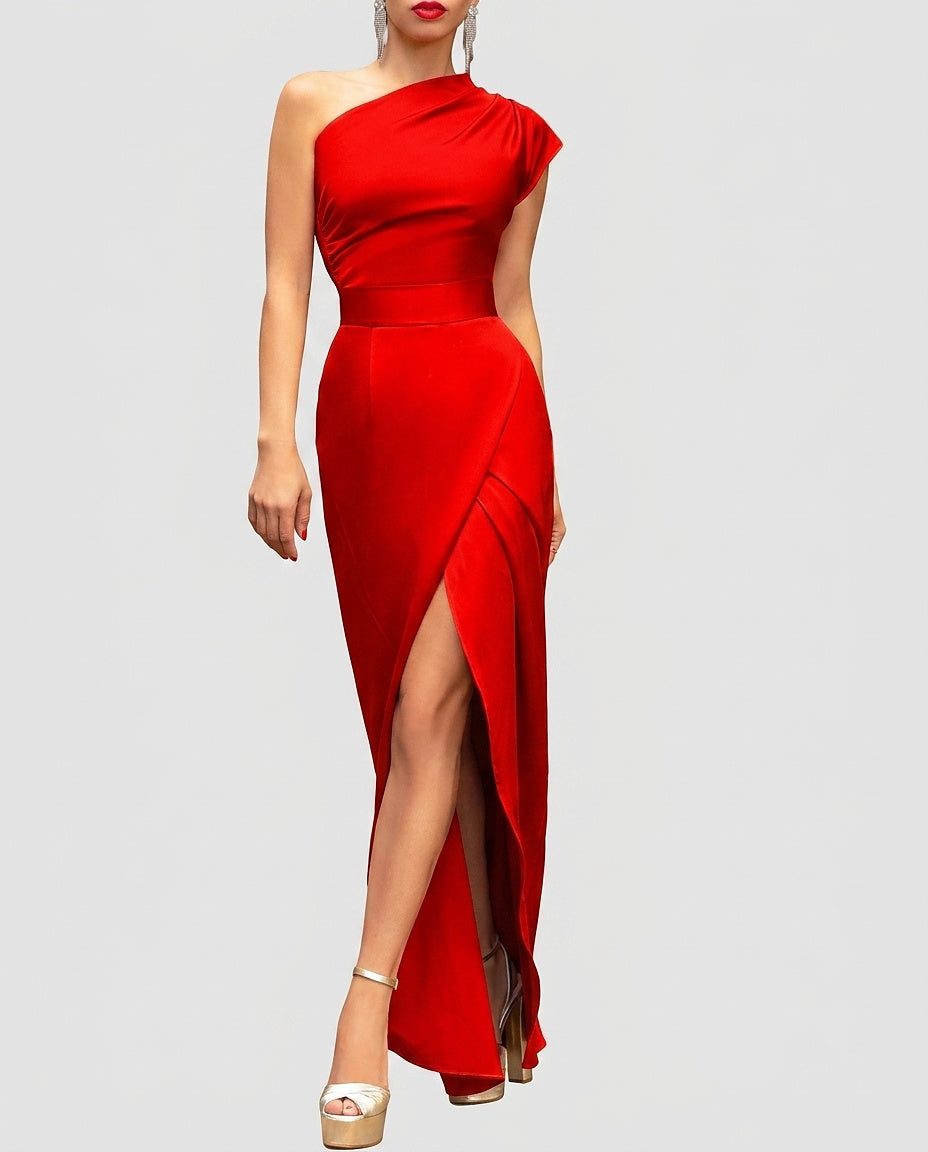 Women's One-Shoulder Draped Maxi Dress with Slit - Front [Lystr 6a9917f1fefb28823f931ba4:front]