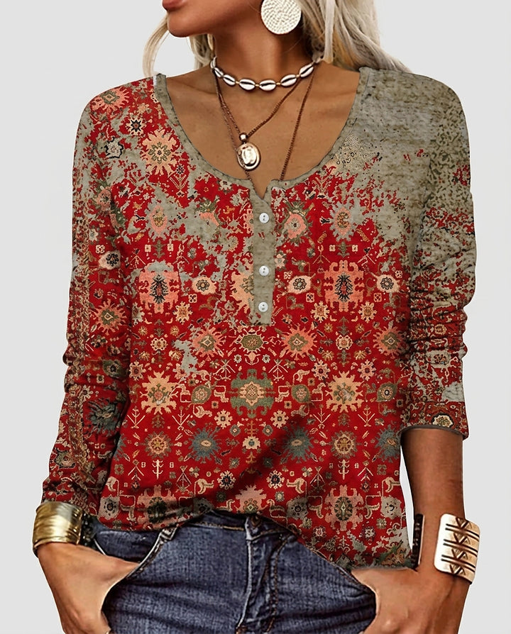 Women's Geometric Print Long-Sleeve Henley Top - Front [Lystr 6a99211fc05fc8a142a73d0a:front]