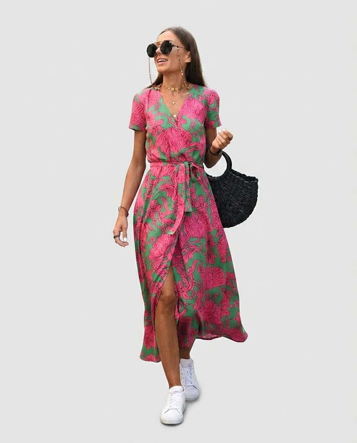 Women's Tie-Waist Wrap Midi Dress with Print - Front [Lystr 6a992123c05fc8a142a73d0d:front]
