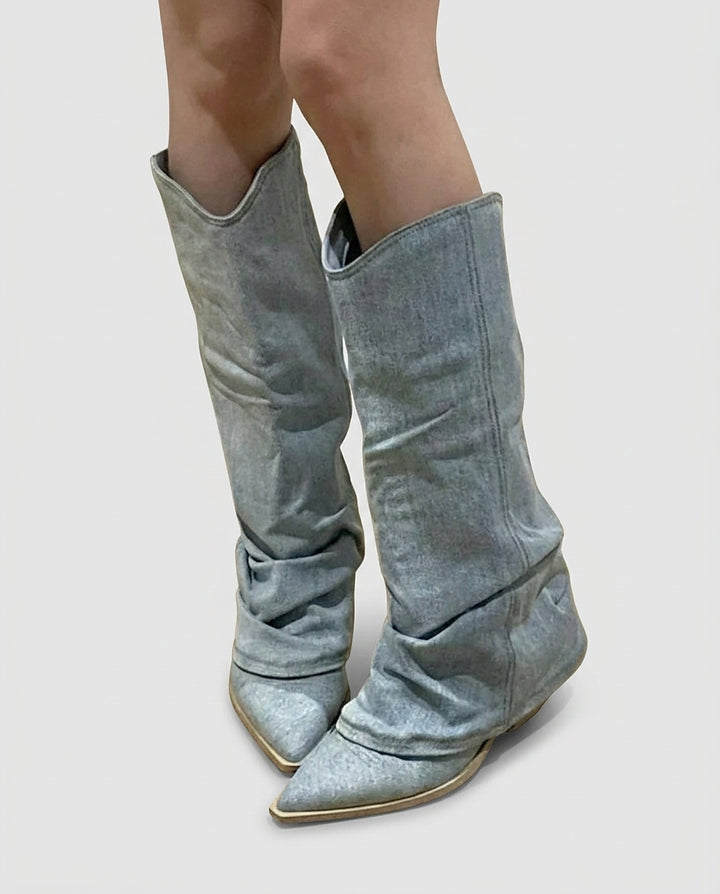 Women's Light-Wash Denim Mid-Calf Boots - Front [Lystr 6a992132c05fc8a142a73d1a:front]