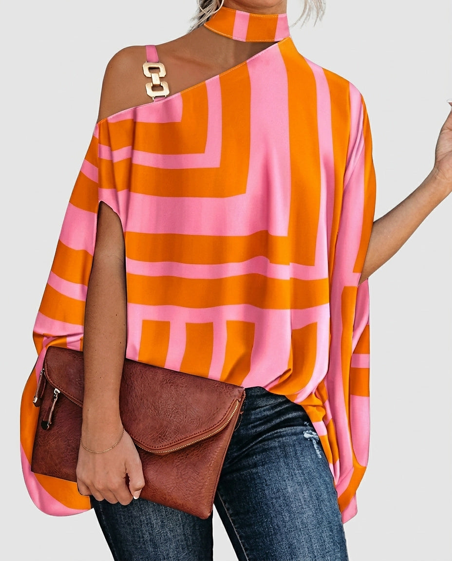 Women's One-Shoulder Printed Blouse - Front [Lystr 6a992785c05fc8a142a73d58:front]