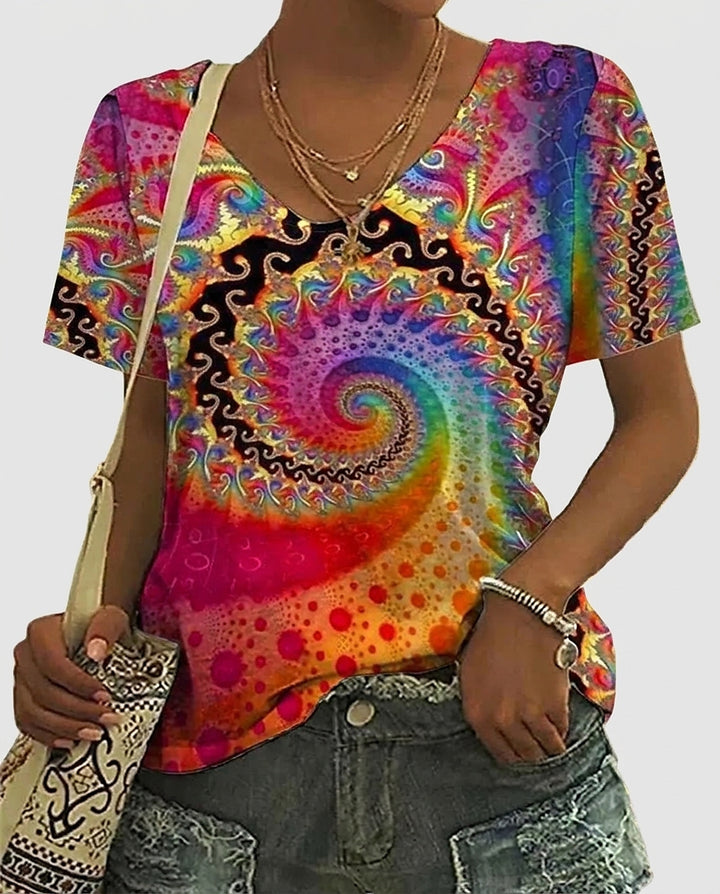 Women's V-Neck T-Shirt with Swirl Pattern - Front [Lystr 6a99279dc05fc8a142a73d64:front]
