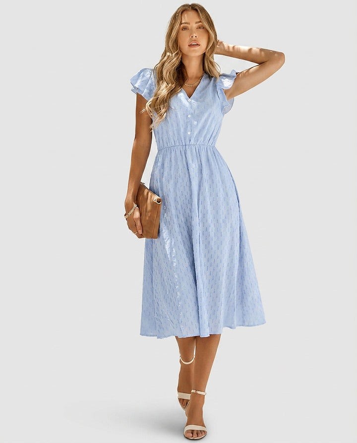 Women's Short Sleeve V-Neck Midi Dress - Front [Lystr 6a99283bcb2a89eecc207886:front]