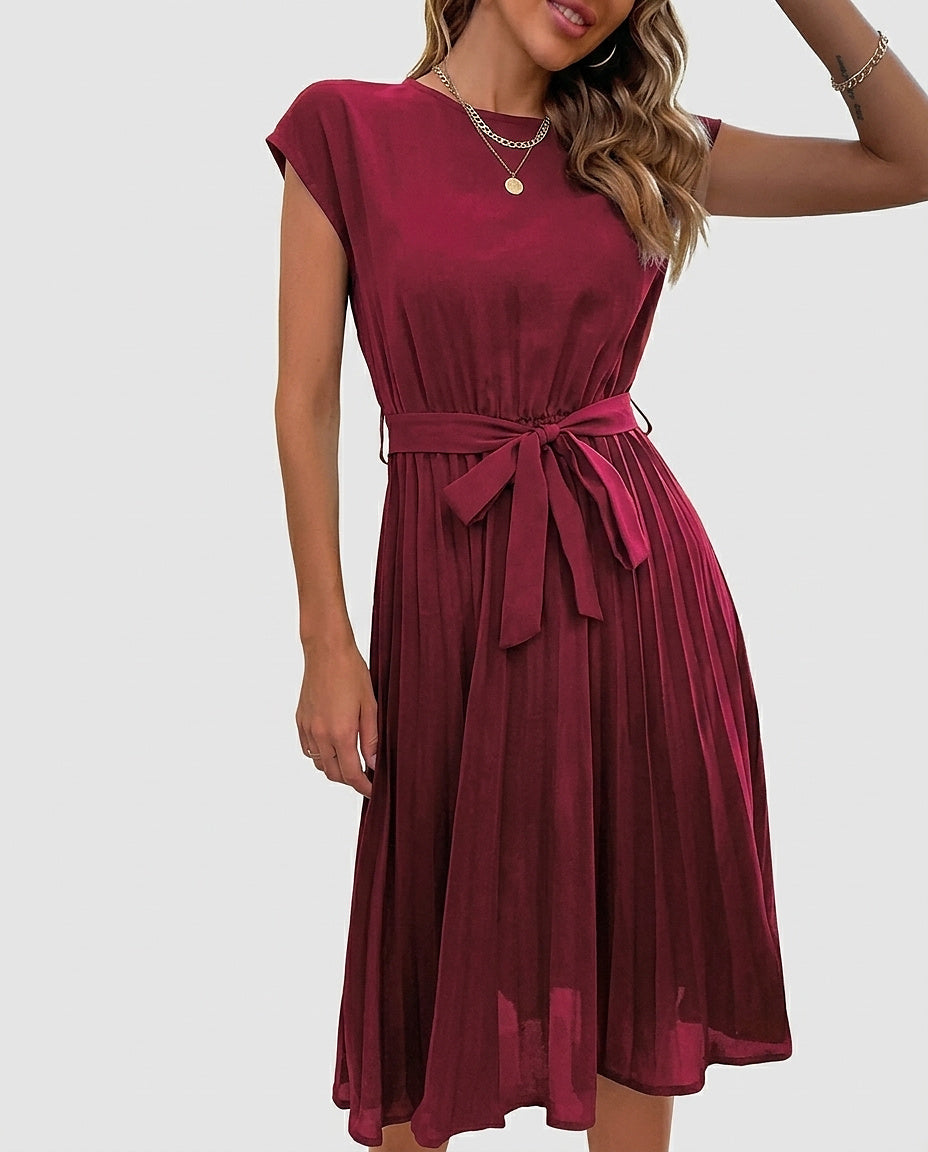 Women’s Midi Dress with Tie Belt and Pleated Skirt - Front [Lystr 6a9928c88fb1eea96e728cf9:front]