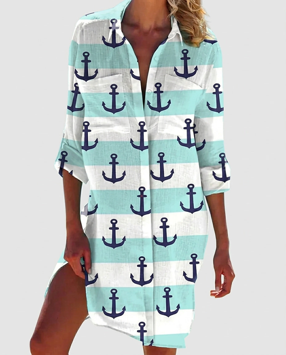 Women's Button-Down Shirt Dress with Graphic Print - Front [Lystr 6a992a658fb1eea96e728d1a:front]