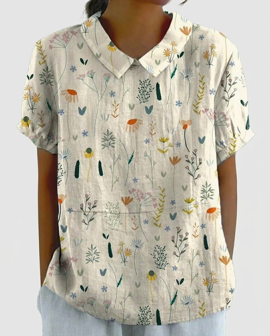 Women's Botanical Print Short-Sleeve Blouse - Front [Lystr 6a992e387ad28f61f25c997e:front]