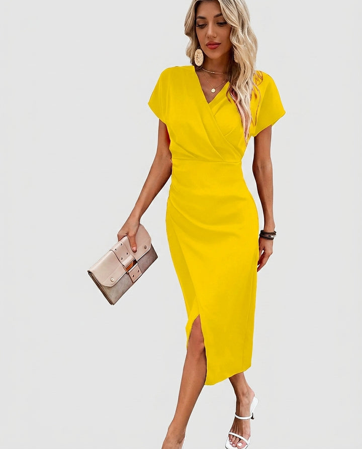 Women’s Wrap-Style Midi Dress with Slit - Front [Lystr 6a992e3d7ad28f61f25c9981:front]