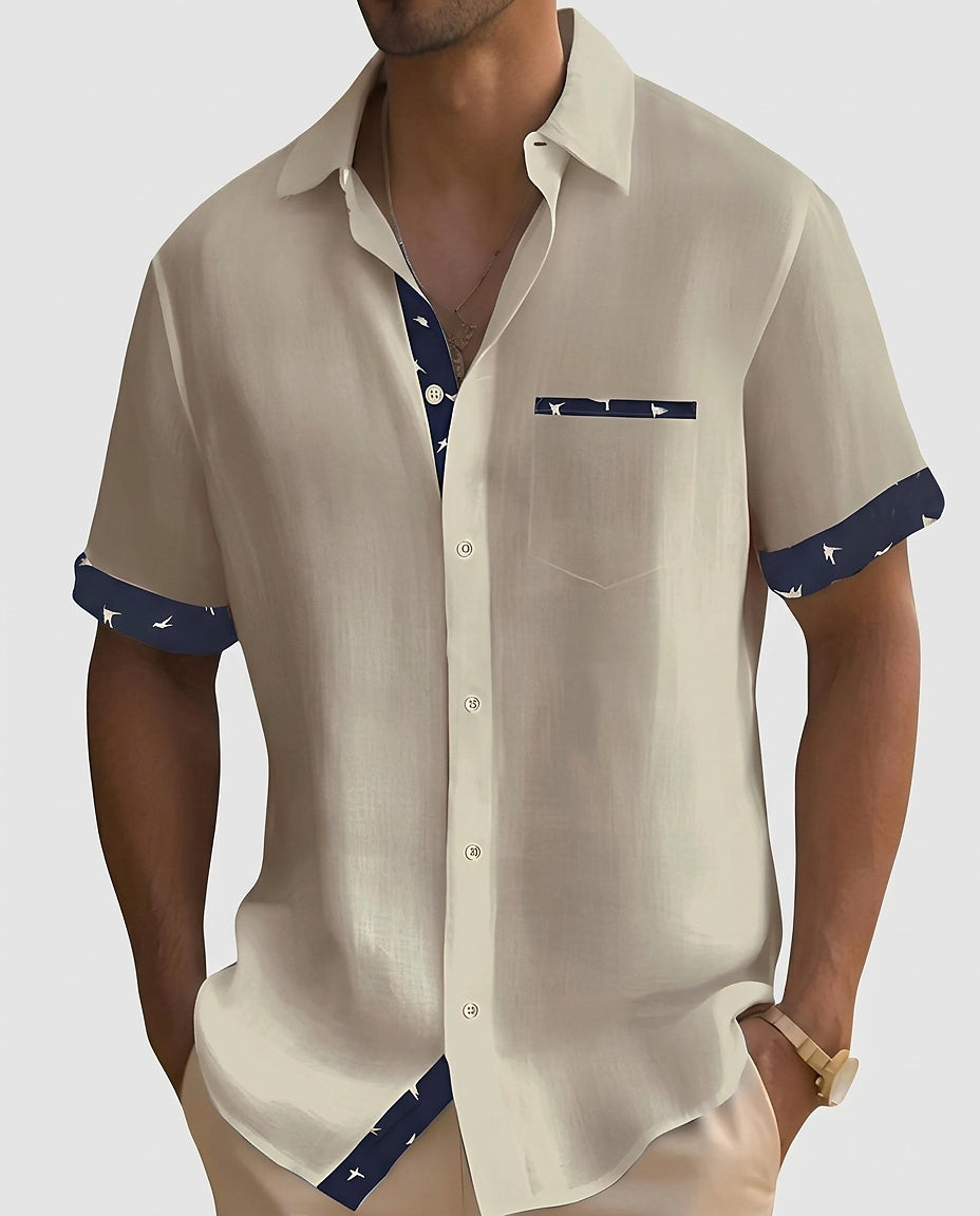 Men’s Short-Sleeved Button-Down Shirt with Constrast Trim - Front [Lystr 6a992e6d7ad28f61f25c999a:front]