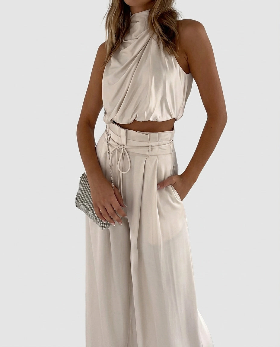 Women’s Two-Piece Set with Cropped Halter Top and Wide-Leg Trousers - Front [Lystr 6a992f338fb1eea96e728d83:front]