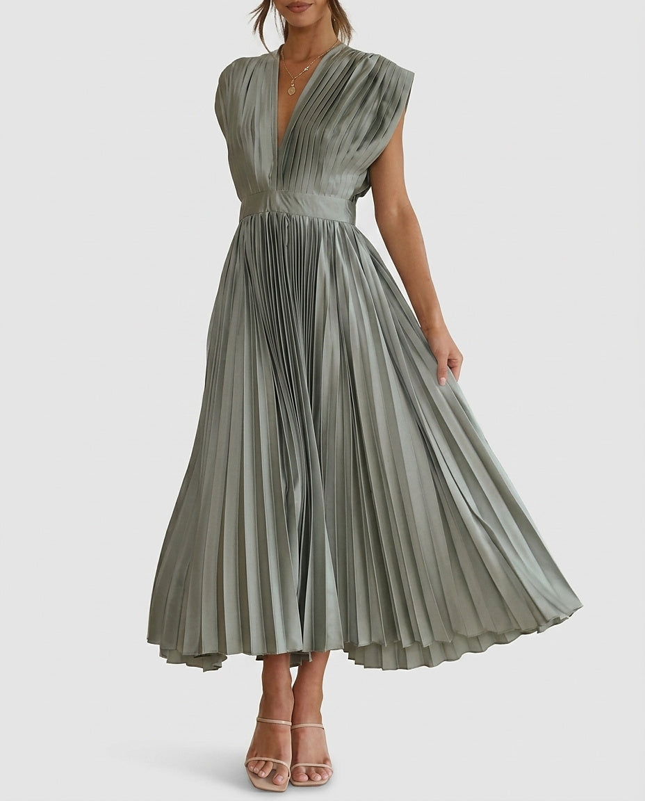 Women’s Pleated Midi Dress with V-Neck - Front [Lystr 6a992f2a7ad28f61f25c99a7:front]