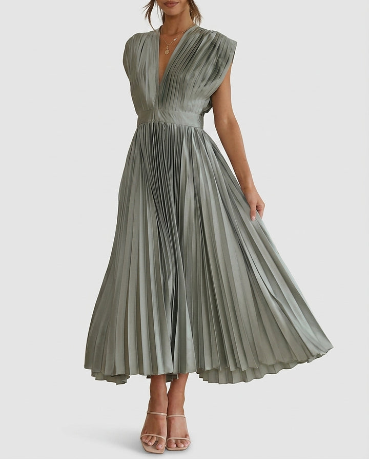 Women’s Pleated Midi Dress with V-Neck - Front [Lystr 6a992f2a7ad28f61f25c99a7:front]