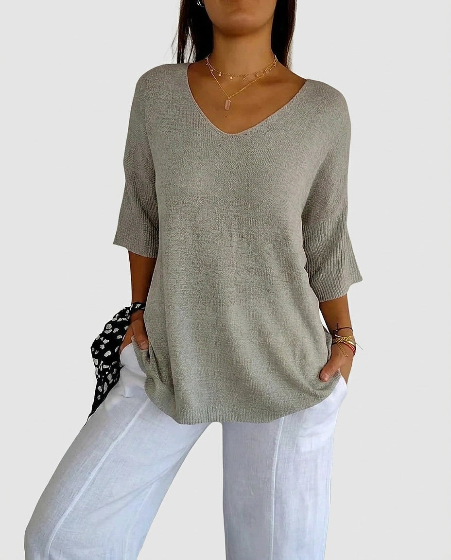 Women’s Longline Knit Top with V-Neck - Front [Lystr 6a992f458fb1eea96e728d8c:front]