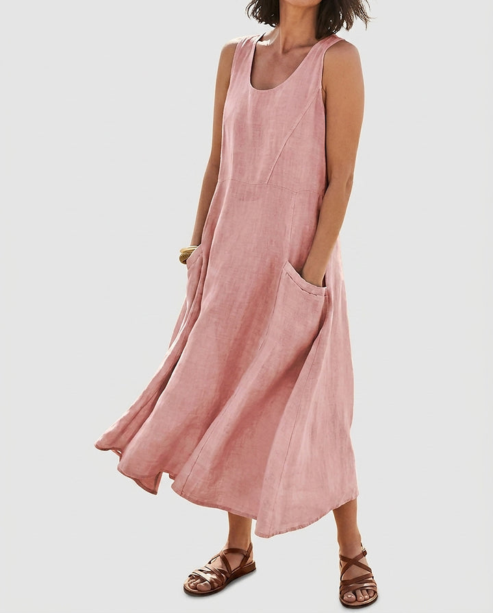 Women’s Sleeveless Midi Dress with Front Patch Pockets - Front [Lystr 6a9931ef2f3340c9d26a8810:front]
