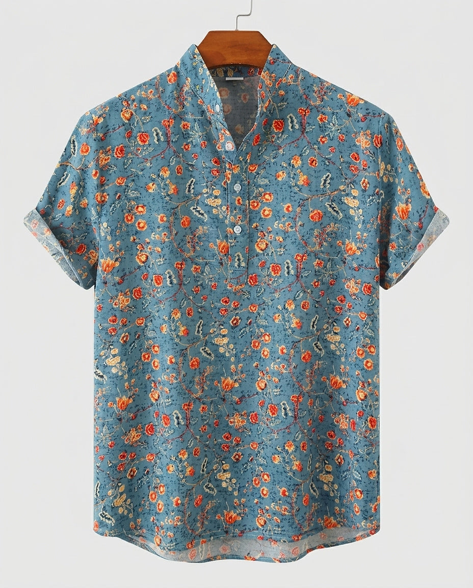 Men’s Short-Sleeved Shirt with Mandarin Collar - Front [Lystr 6a99366a2f3340c9d26a883d:front]