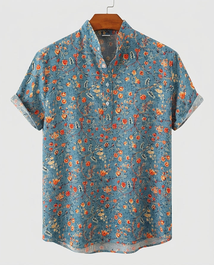 Men’s Short-Sleeved Shirt with Mandarin Collar - Front [Lystr 6a99366a2f3340c9d26a883d:front]
