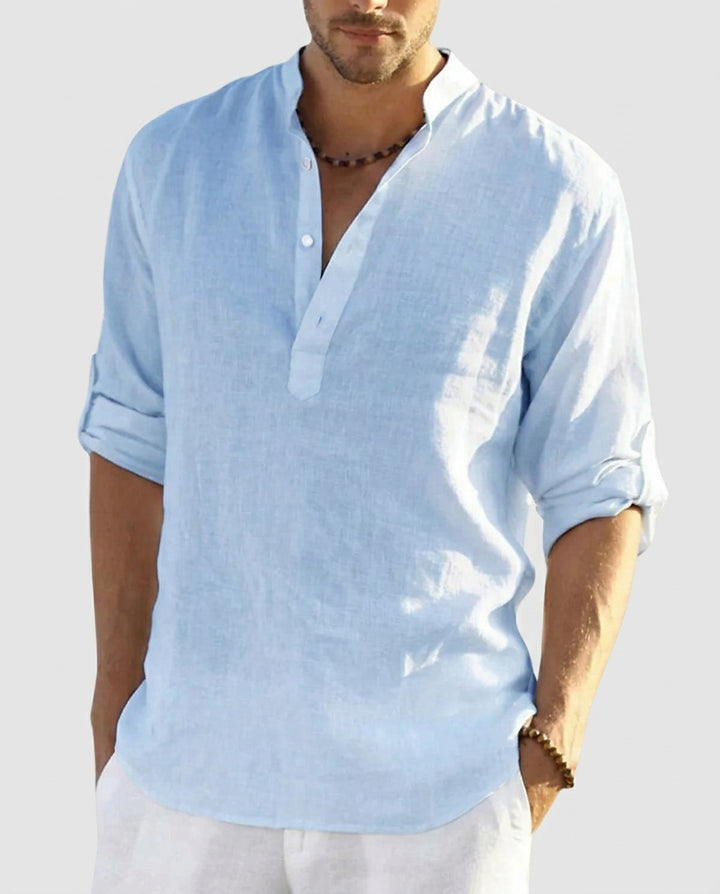 Men’s Long-Sleeve Henley Shirt with Mandarin Collar - Front [Lystr 6a9936827ad28f61f25c99f5:front]