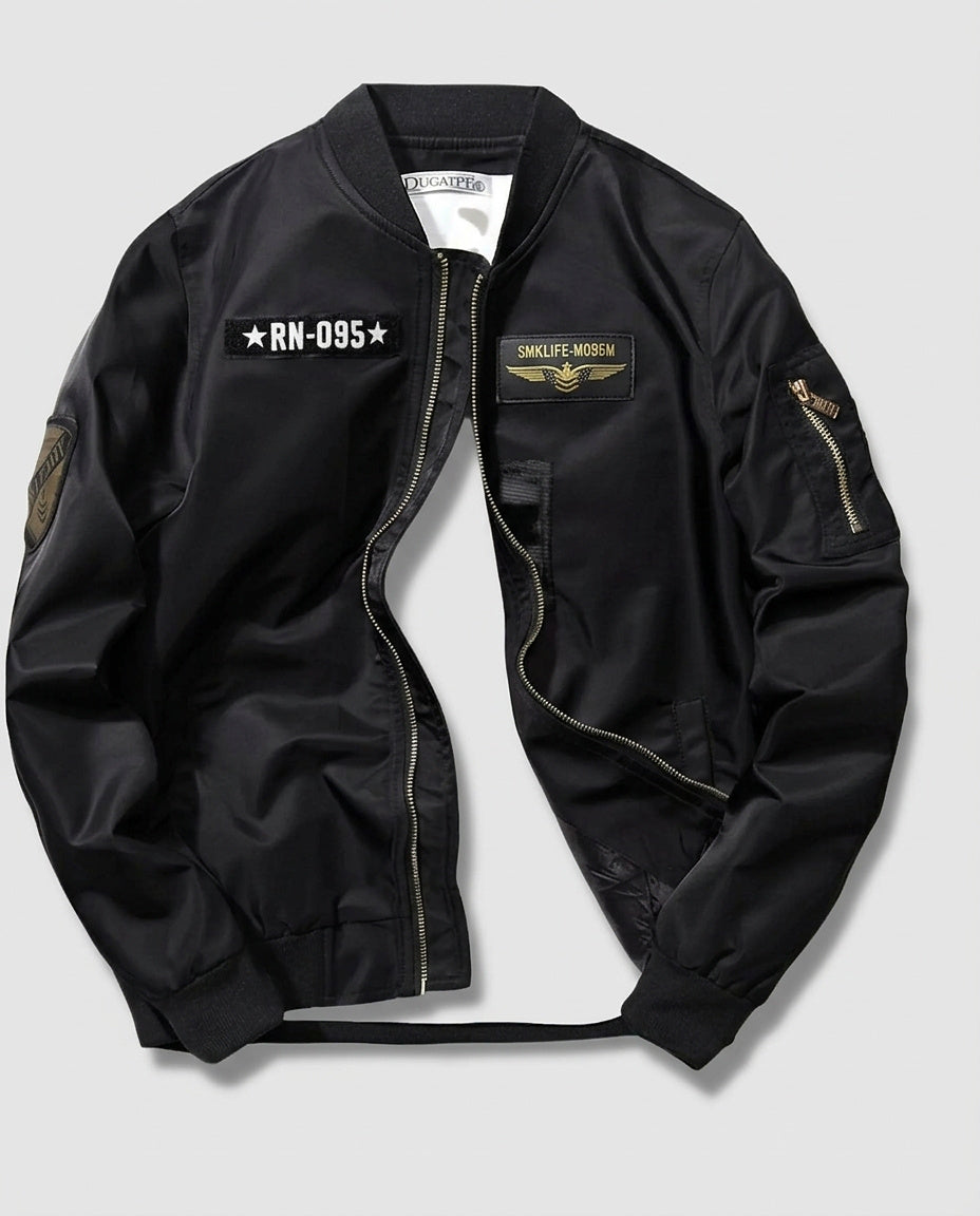 Men’s Zip-Up Bomber Jacket with Patches - Front [Lystr 6a99375d7ad28f61f25c9a29:front]