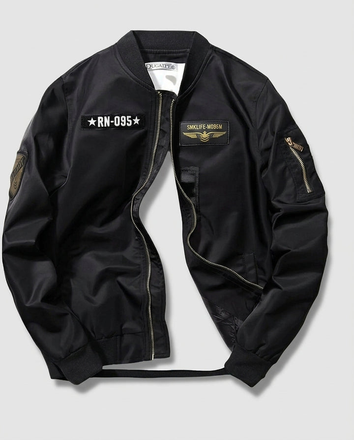 Men’s Zip-Up Bomber Jacket with Patches - Front [Lystr 6a99375d7ad28f61f25c9a29:front]