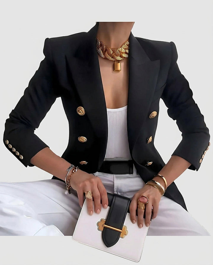 Women’s Double-Breasted Blazer with Crest Buttons - Front [Lystr 6a99386e2f3340c9d26a885b:front]