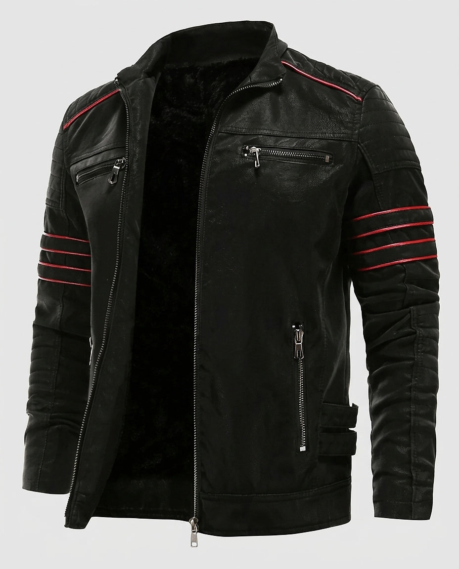 Men’s Leather Jacket with Stand-Up Collar and Zipper Details - Front [Lystr 6a99387c2f3340c9d26a8861:front]
