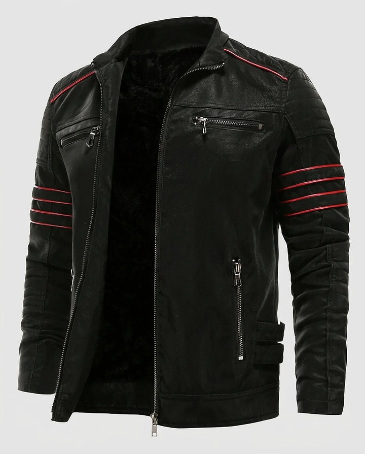 Men’s Leather Jacket with Stand-Up Collar and Zipper Details - Front [Lystr 6a99387c2f3340c9d26a8861:front]