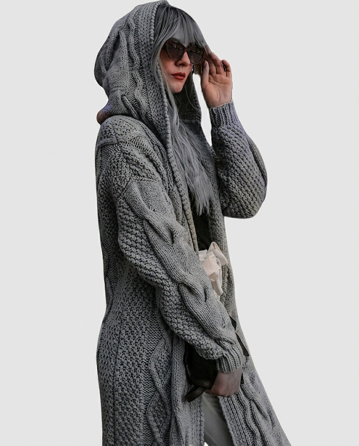Women’s Hooded Cardigan with Cable Knit - Front [Lystr 6a99397f242ed5d7825cd8ff:front]