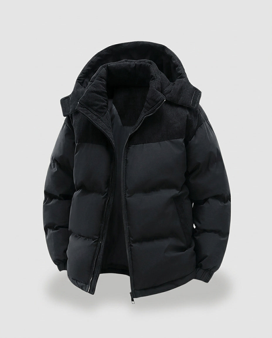 Men’s Quilted Jacket with Ribbed Hood and Collar - Front [Lystr 6a993a6352dd995085607427:front]