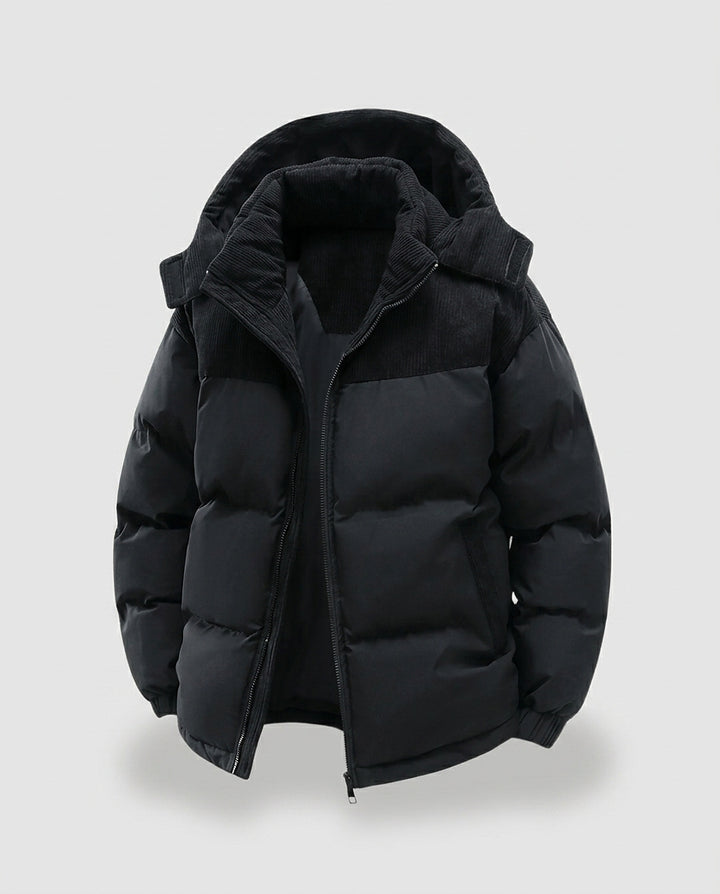 Men’s Quilted Jacket with Ribbed Hood and Collar - Front [Lystr 6a993a6352dd995085607427:front]