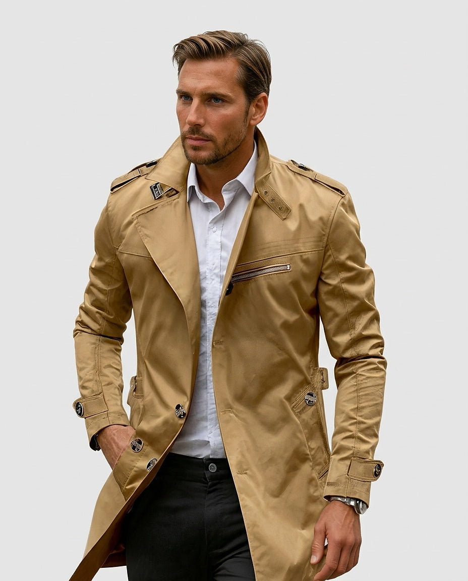 Men’s Mid-Length Coat with Stand-Up Collar - Front [Lystr 6a993a7752dd995085607430:front]