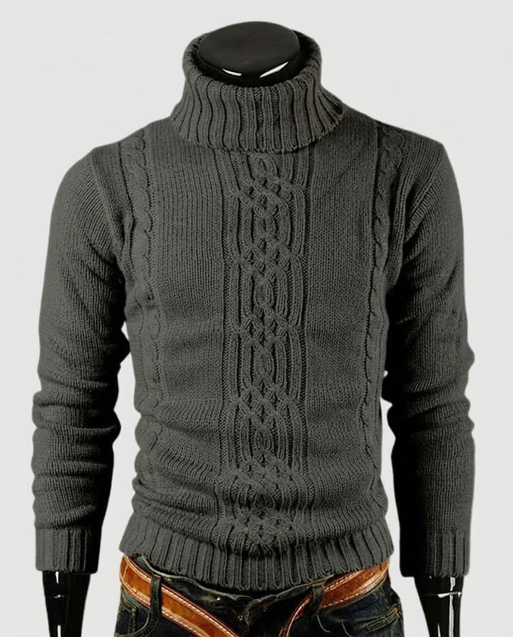 Men’s Sweater with Stand-Up Collar and Cable Knit Pattern - Front [Lystr 6a9950669549a00b390c9a9a:front]