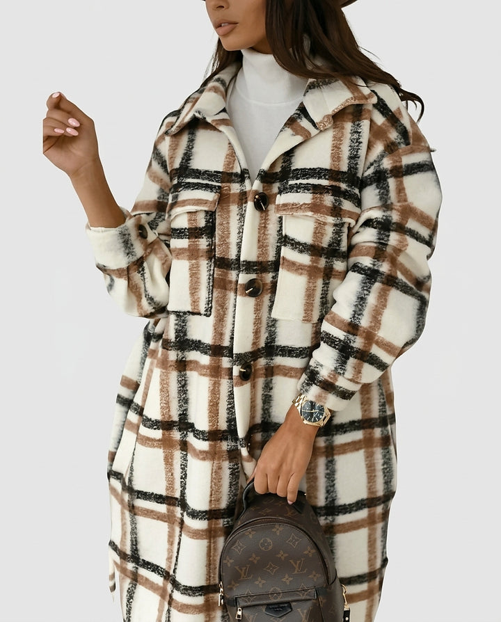 Women’s Coat with Buttons and Checkered Pattern - Front [Lystr 6a9951e9a8cadf9640df20d3:front]