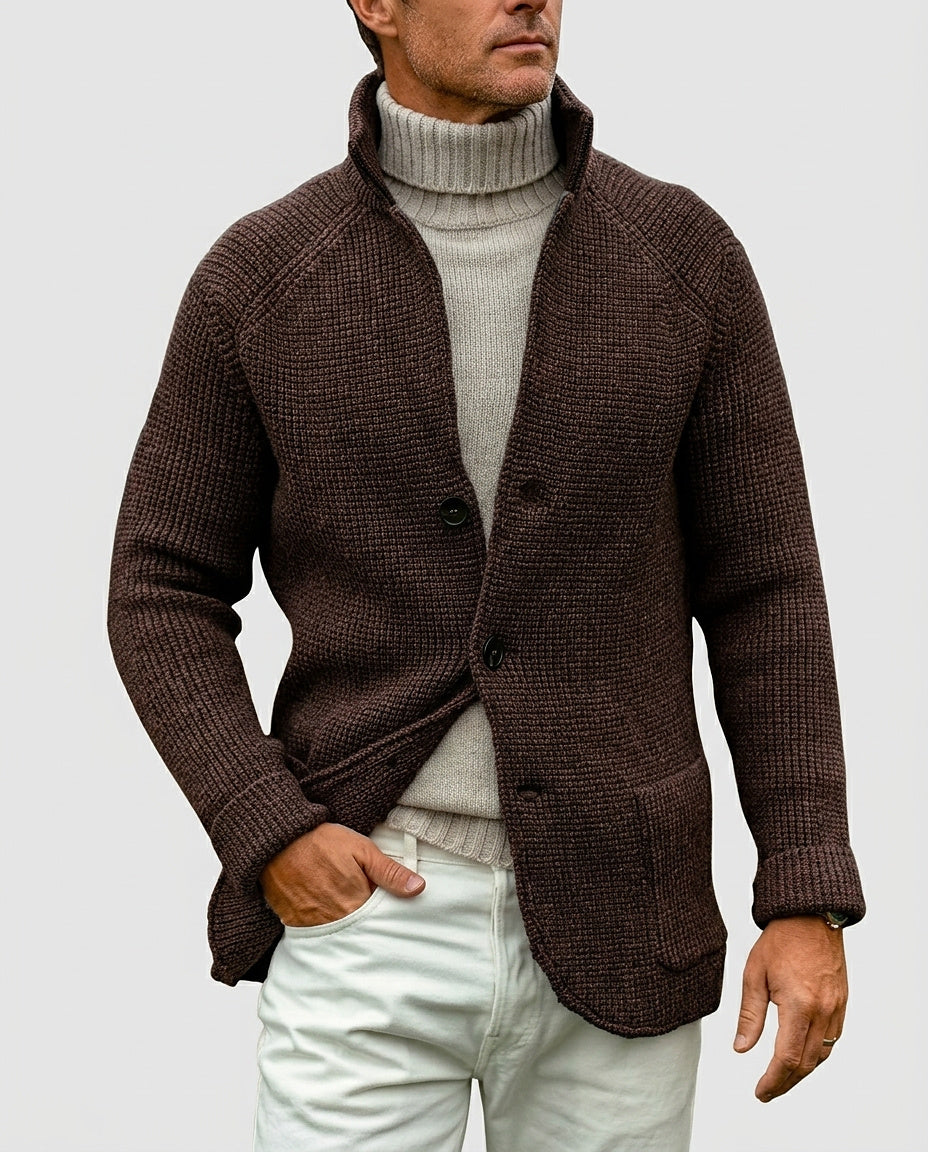 Men’s Cardigan with Stand-Up Collar - Front [Lystr 6a99549f4672f3a84be79ea2:front]