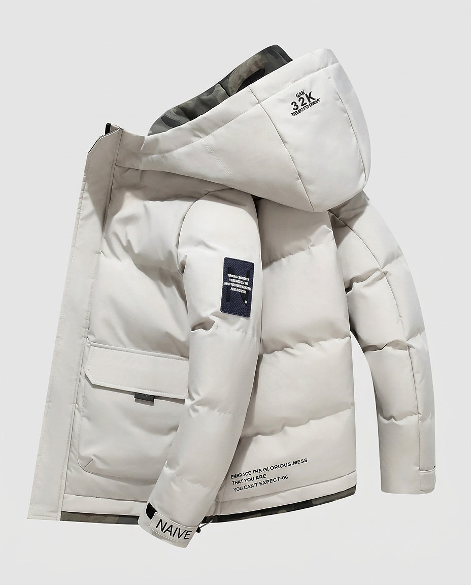 Men’s Puffer Jacket with Hood - Front [Lystr 6a9955d14672f3a84be79eae:front]