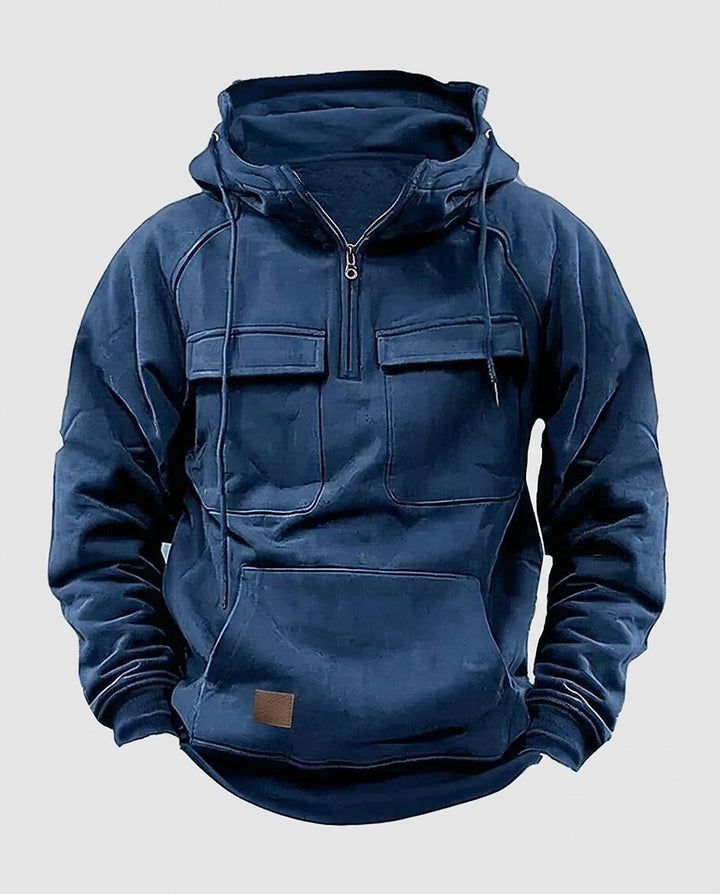 Men's Hooded Sweater with Quarter Zip and Pockets - Front [Lystr 6a9958b84672f3a84be79ee1:front]