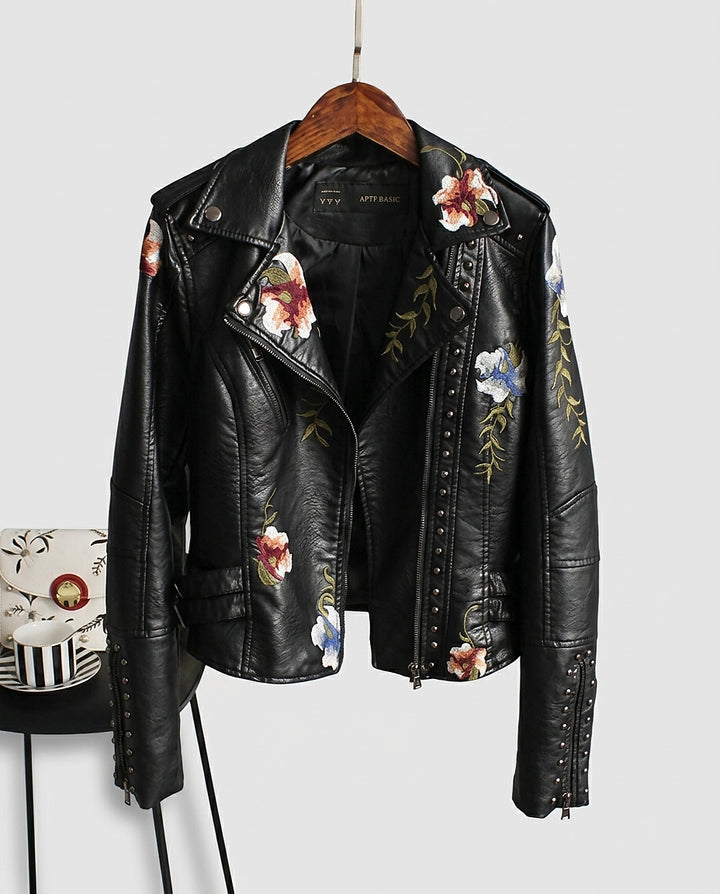 Women's Jacket with Asymmetric Zip and Floral Print - Front [Lystr 6a9958cc4672f3a84be79eea:front]