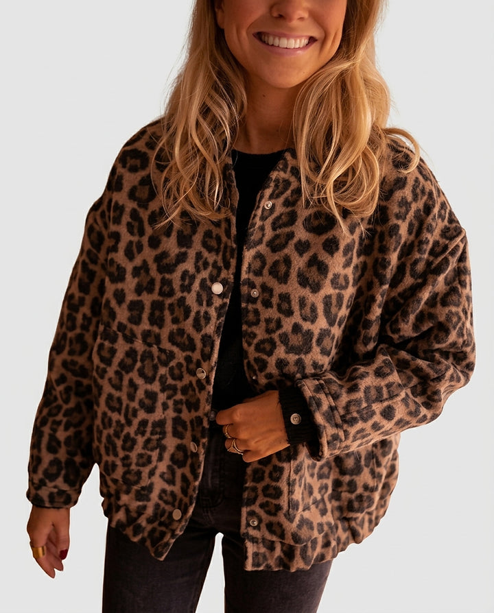 Women's Coat with Leopard Print and Snap Closure - Front [Lystr 6a9958d84672f3a84be79eed:front]