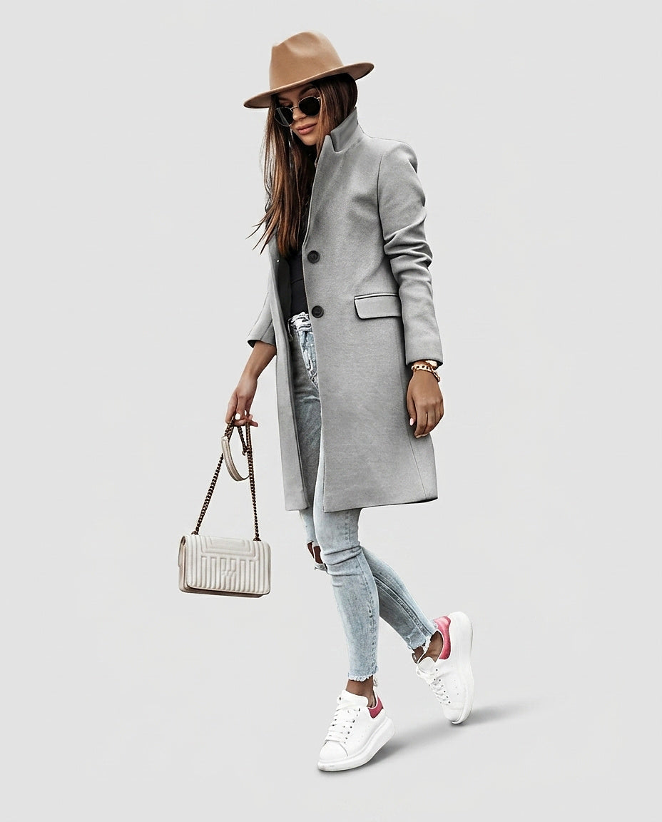 Women’s Buttoned Coat with Stand-Up Collar - Front [Lystr 6a995974f7fcc27982116d07:front]